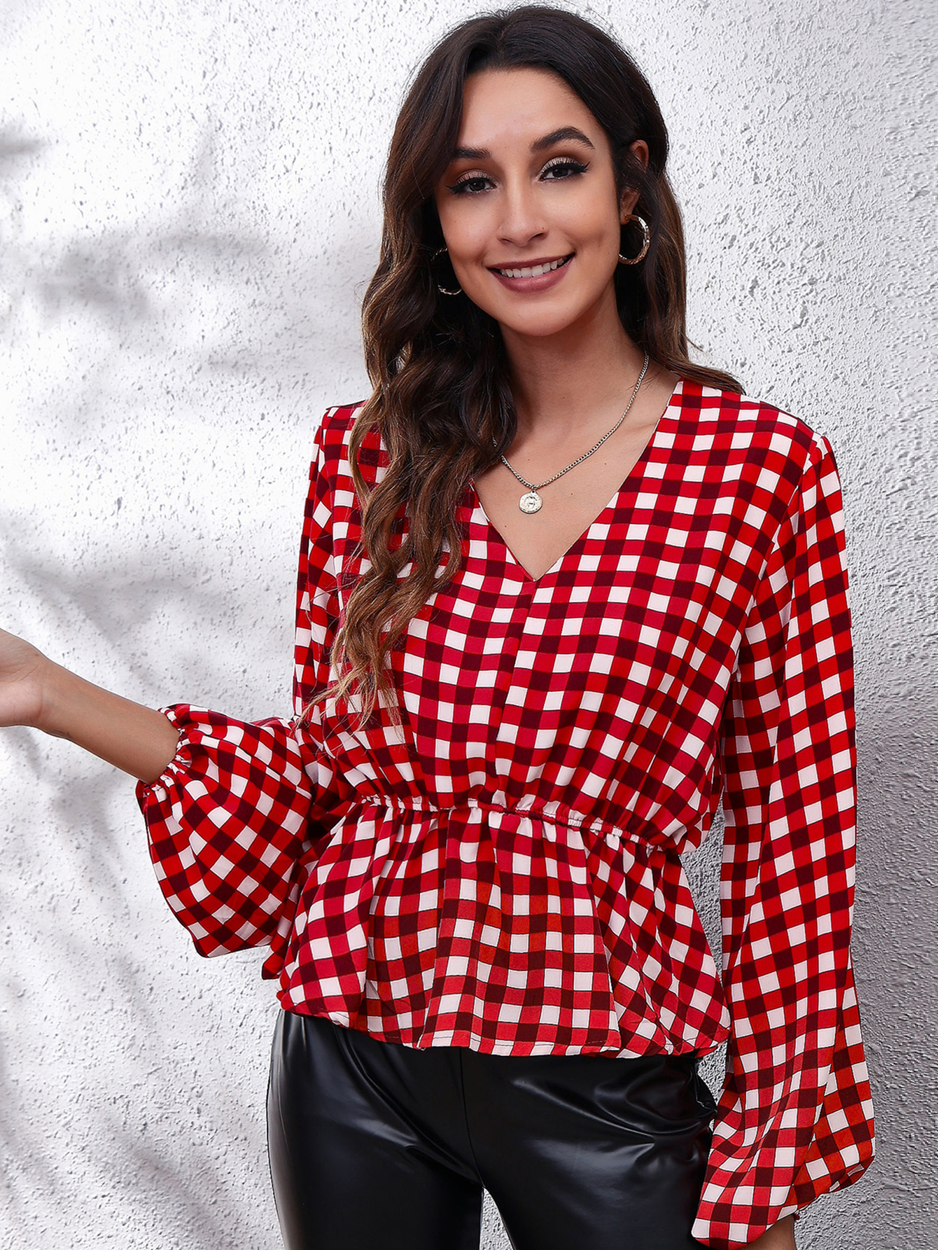 Plaid Lantern Sleeve Blouse V Neck Long Sleeve Blouse Elegant And Stylish Tops For Office And Work