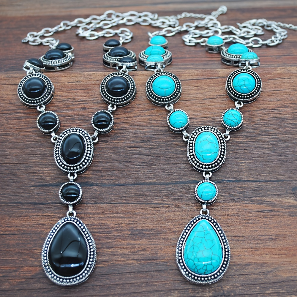 

Waterdrop Shaped Pendant Setting Black Gemstone Turquoise Women Fashion Vintage Long Necklace