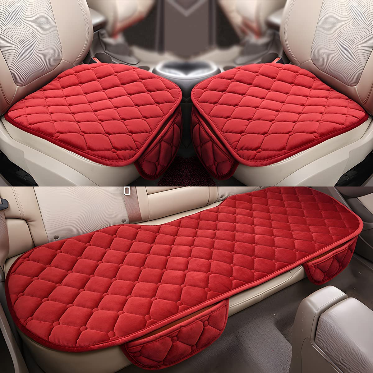2Pack Car Seat Cushion,Non-Slip Rubber Bottom with Storage Pouch,Premium  Comfort Memory Foam,Driver Seat Back Seat Cushion,Car Seat Pad Universal  (Red) 
