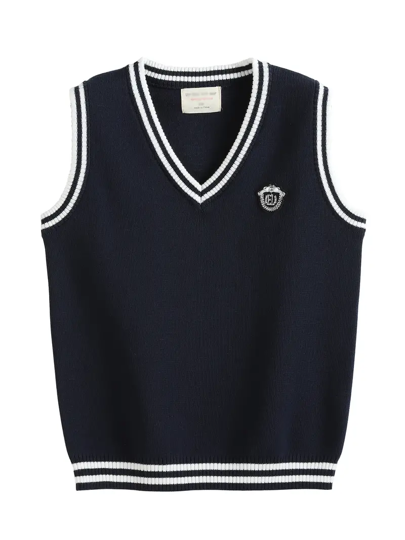 Knitted Cotton V-Neck Vest for Teens Uniform Pullover Sleeveless