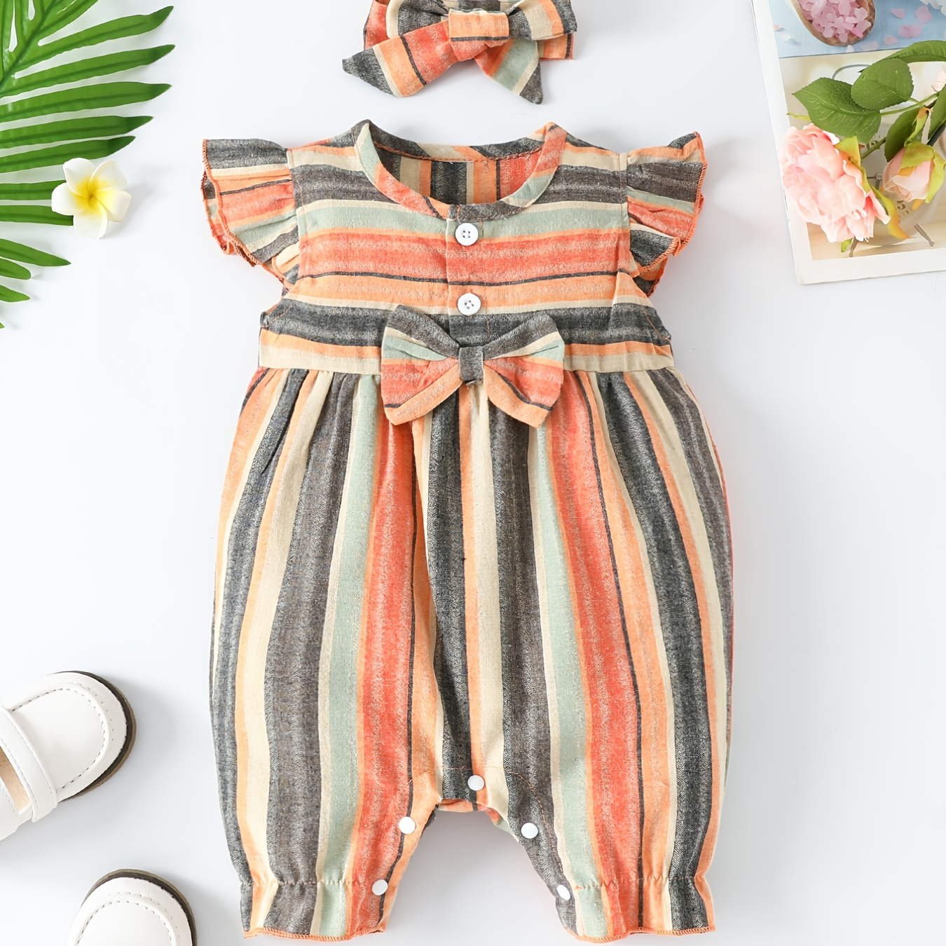 

Baby Girls Cute Casual Striped Ruffled Romper With Bow Decoration & Bow Headband Set For Summer