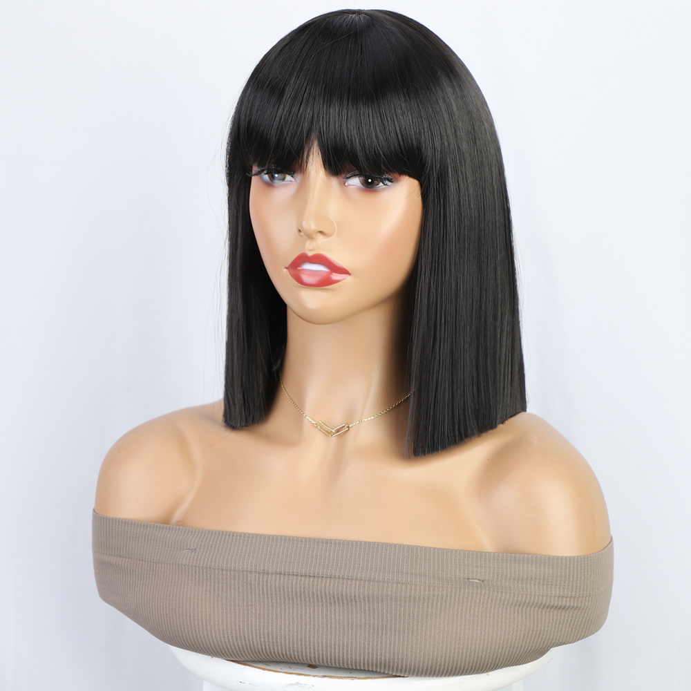 Short Black Bob Wig Bangs Straight Synthetic Hair Wigs Women Temu