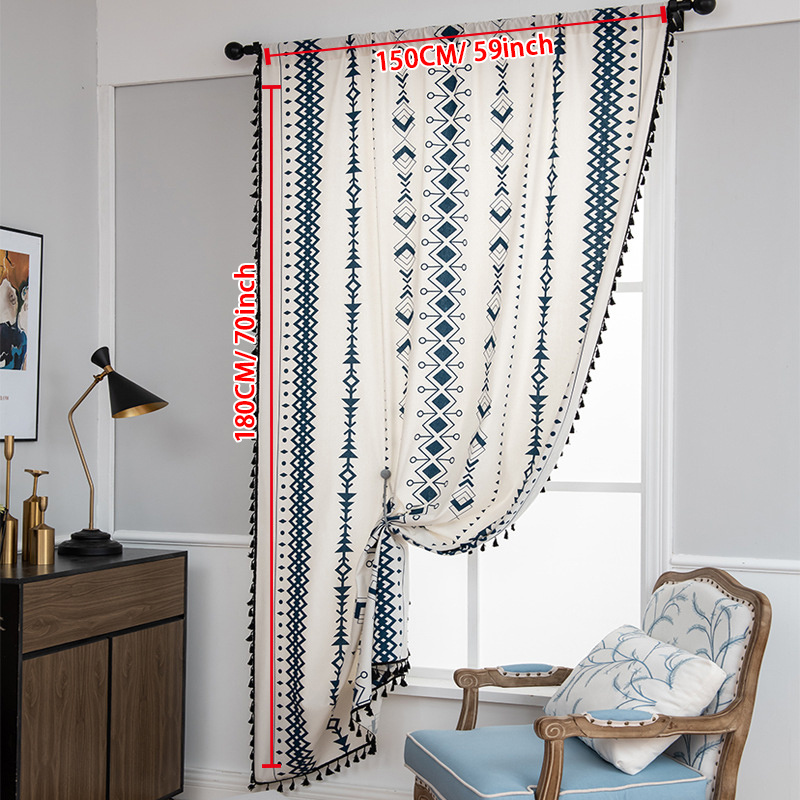 Geometric Printed Boho Window Curtain With Tassel - Room Darkening