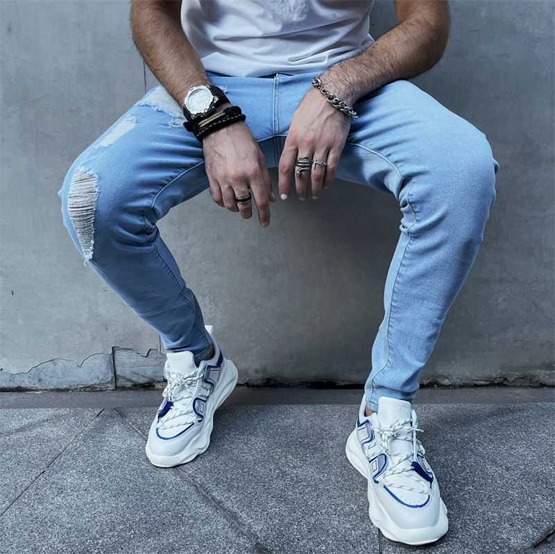 Men's Ripped Slim Fit Small Feet Jeans Trendy Casual Blue - Temu