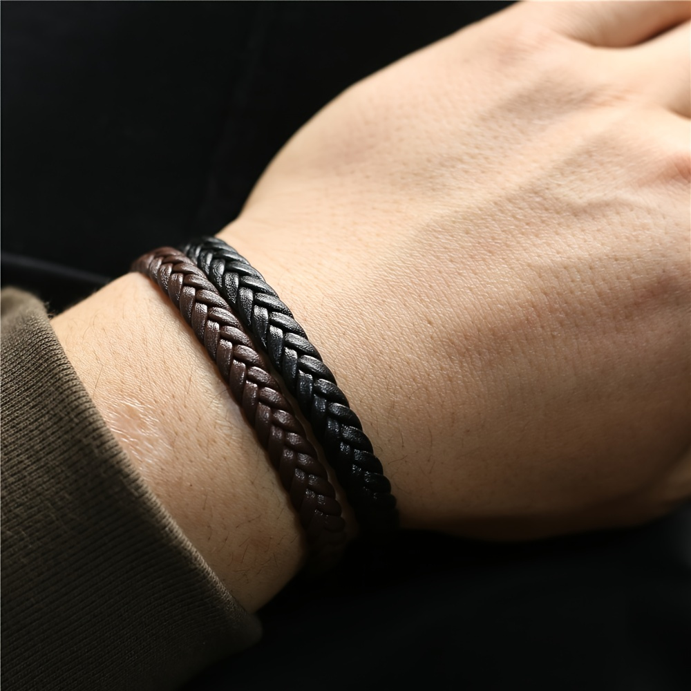 

[popular ] Men's Sleek Braided Leather Bracelet - Adjustable, Black &