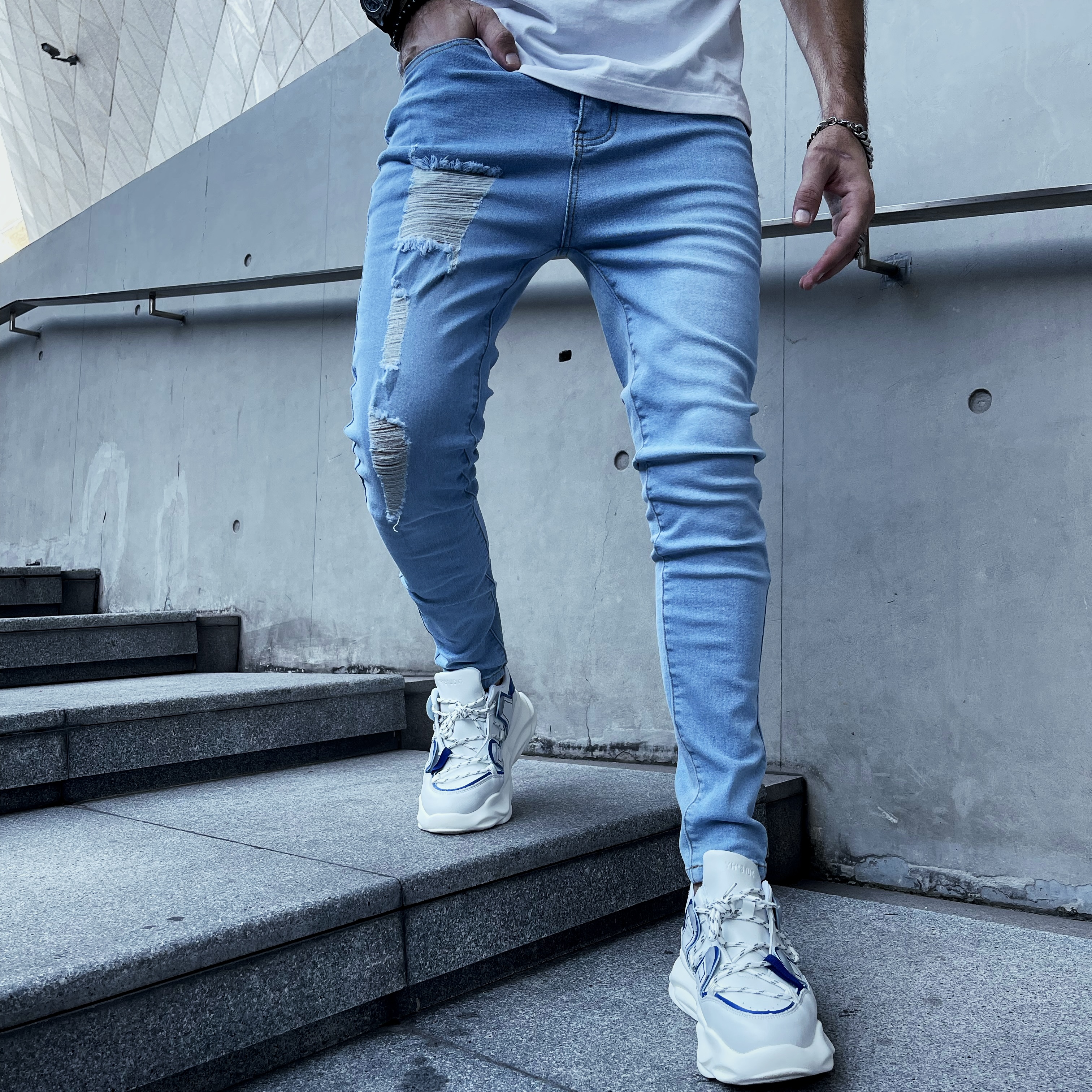 Men's Ripped Slim Fit Small Feet Jeans, Trendy Casual Blue Denim Pants
