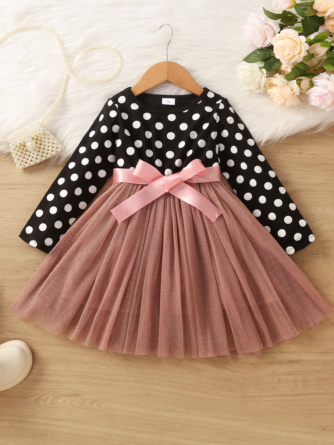 Girls Printed Cotton Dress with Polka Dot Off-Shoulder Detail & Bow