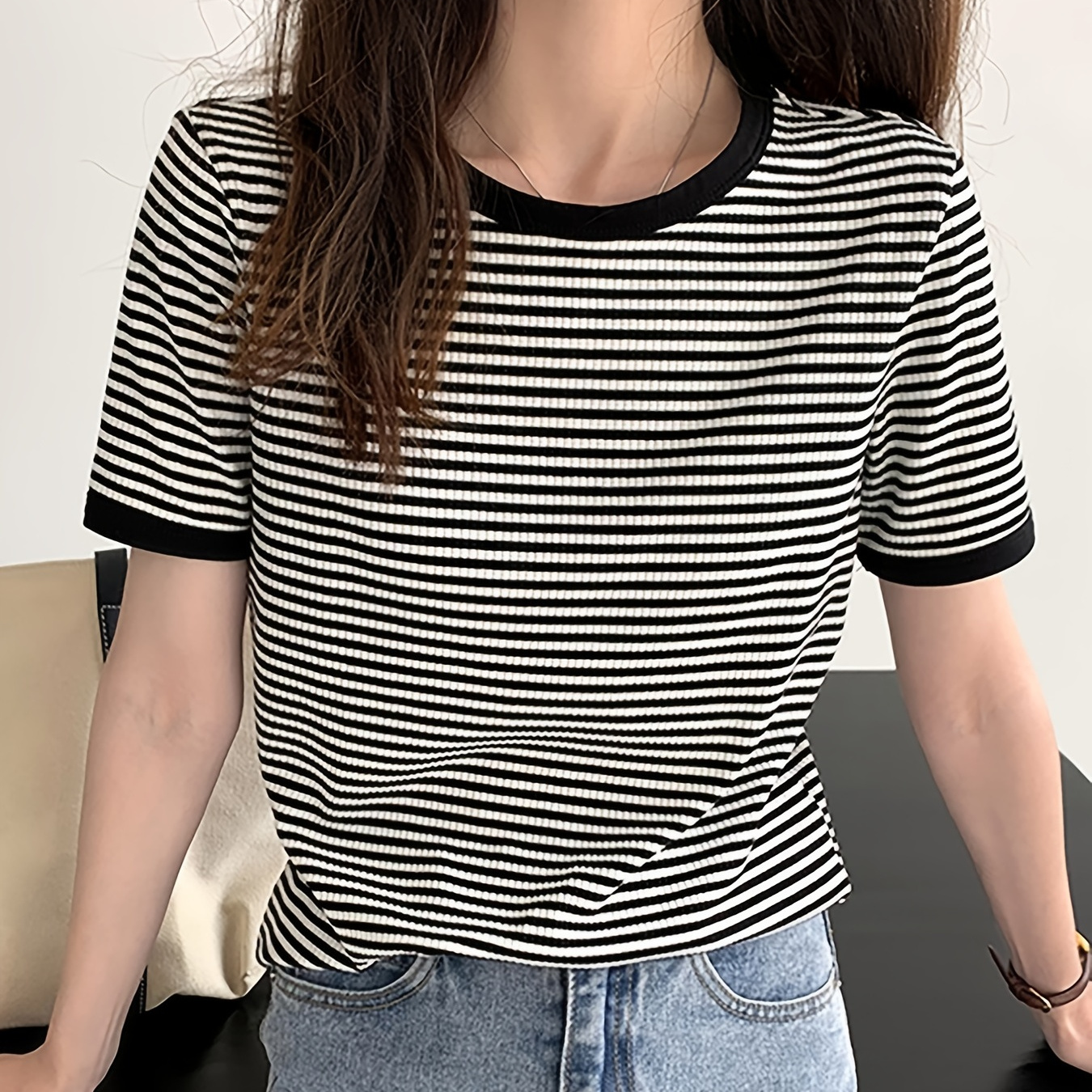 

Striped Round Neck Short Sleeve T-shirt, Vintage Loose Stylish Basic Comfy T-shirt, Women's Clothing