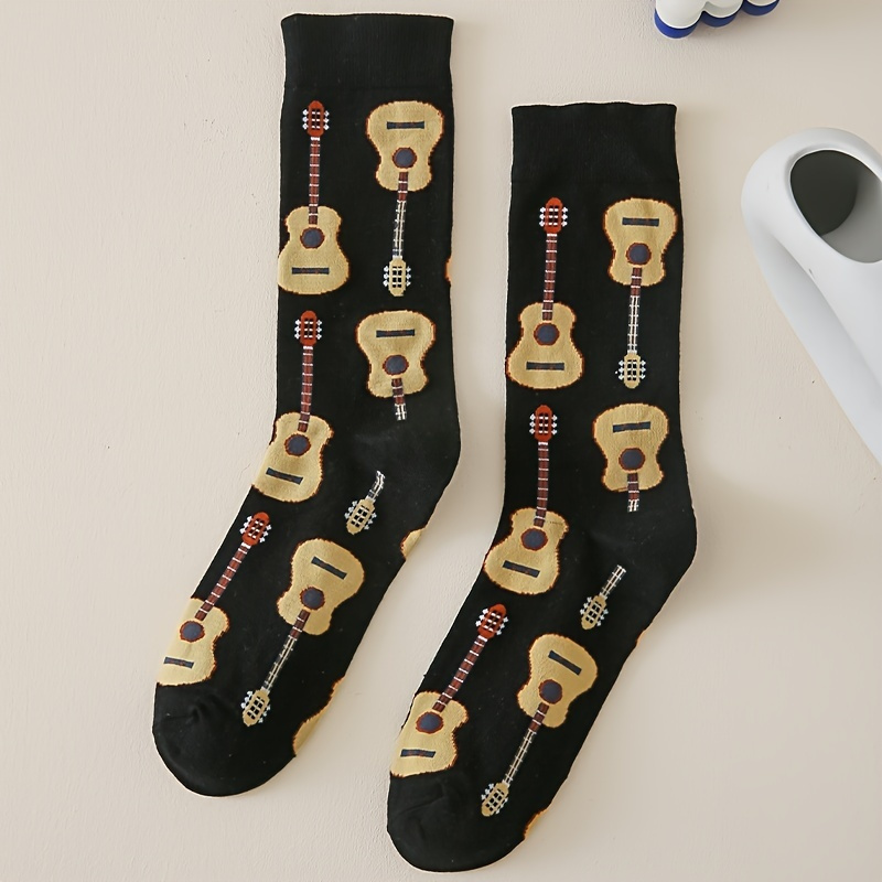 

1pair Men's Cartoon Guitar Print Breathable Comfortable Socks