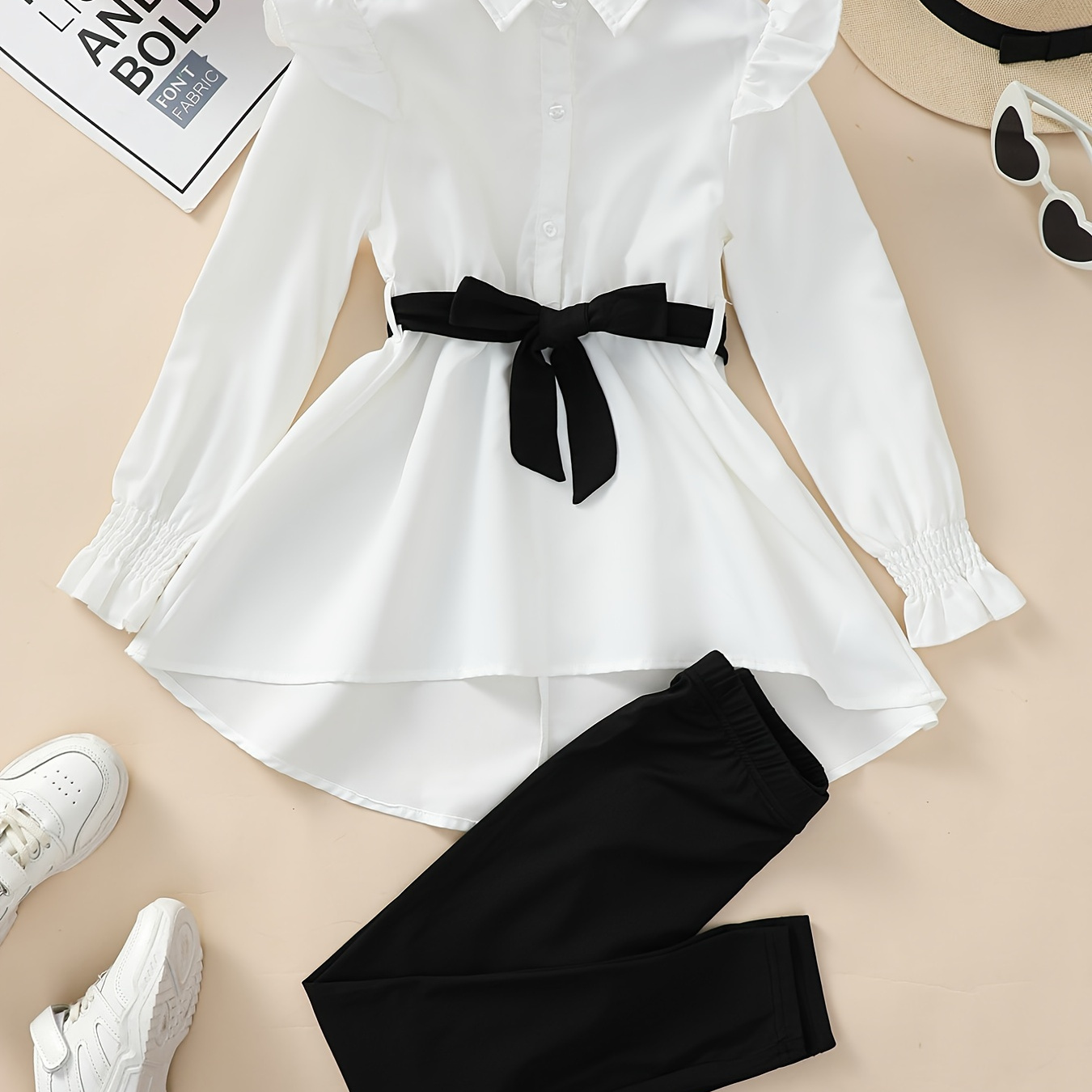 Girls Cute Casual Elegant Shirt Dress With Belt & Leggings Set For Spring