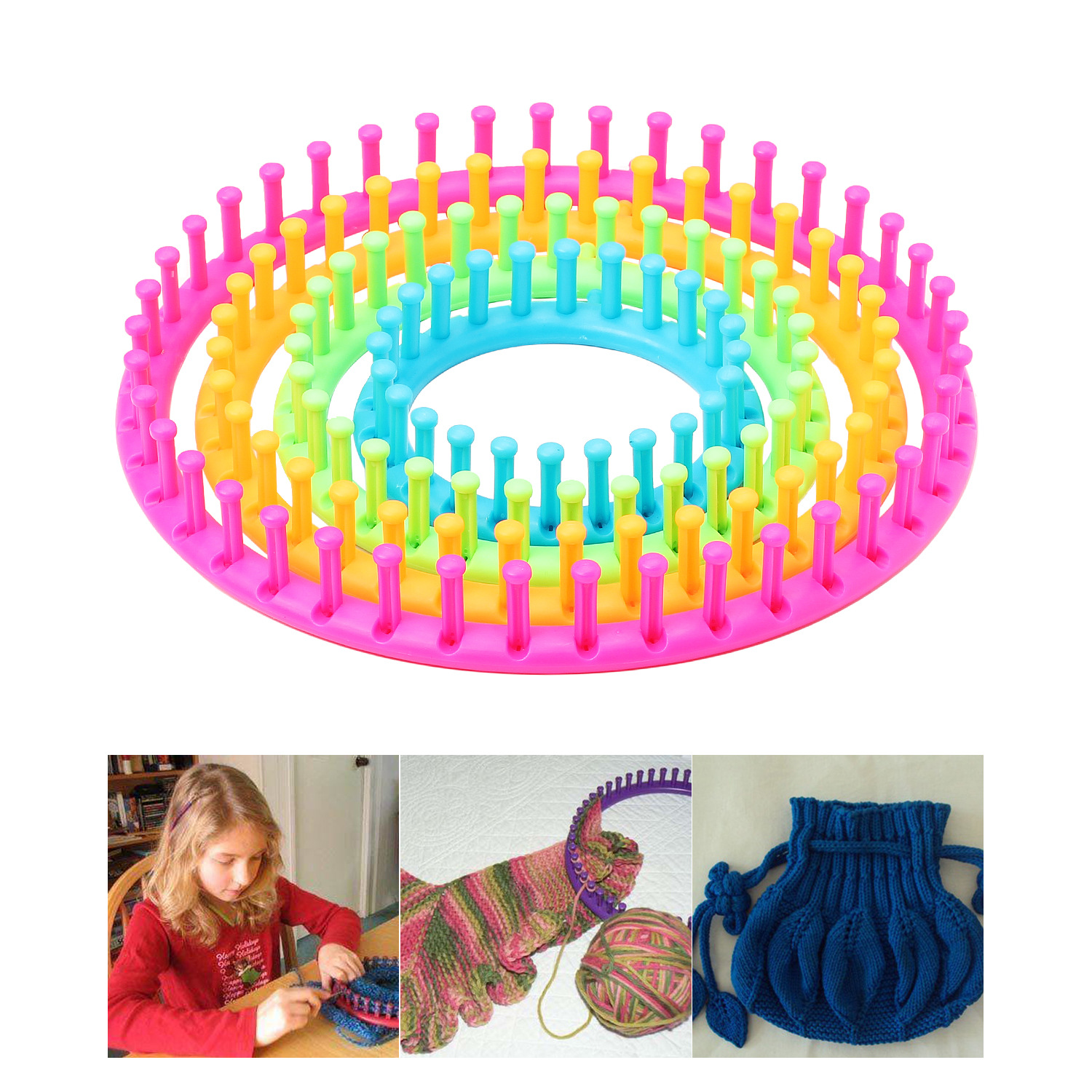 Tssuoun 4pcs Round Knitting Loom Set Plastic Scraf Hat Bags Maker Craft  Knit Loom Tools Kit Random Color 