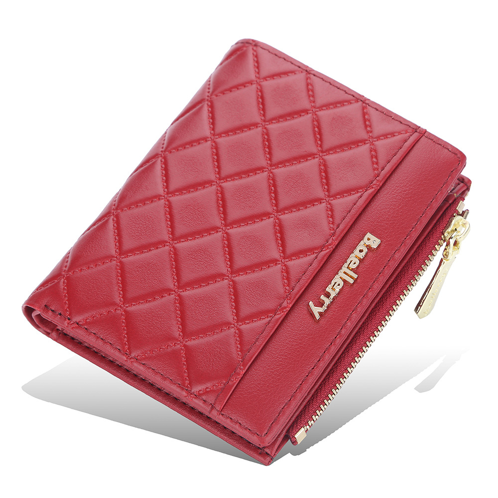 Solid Color Slim Coin Purse Quilted Zipper Wallet With Rhombus
