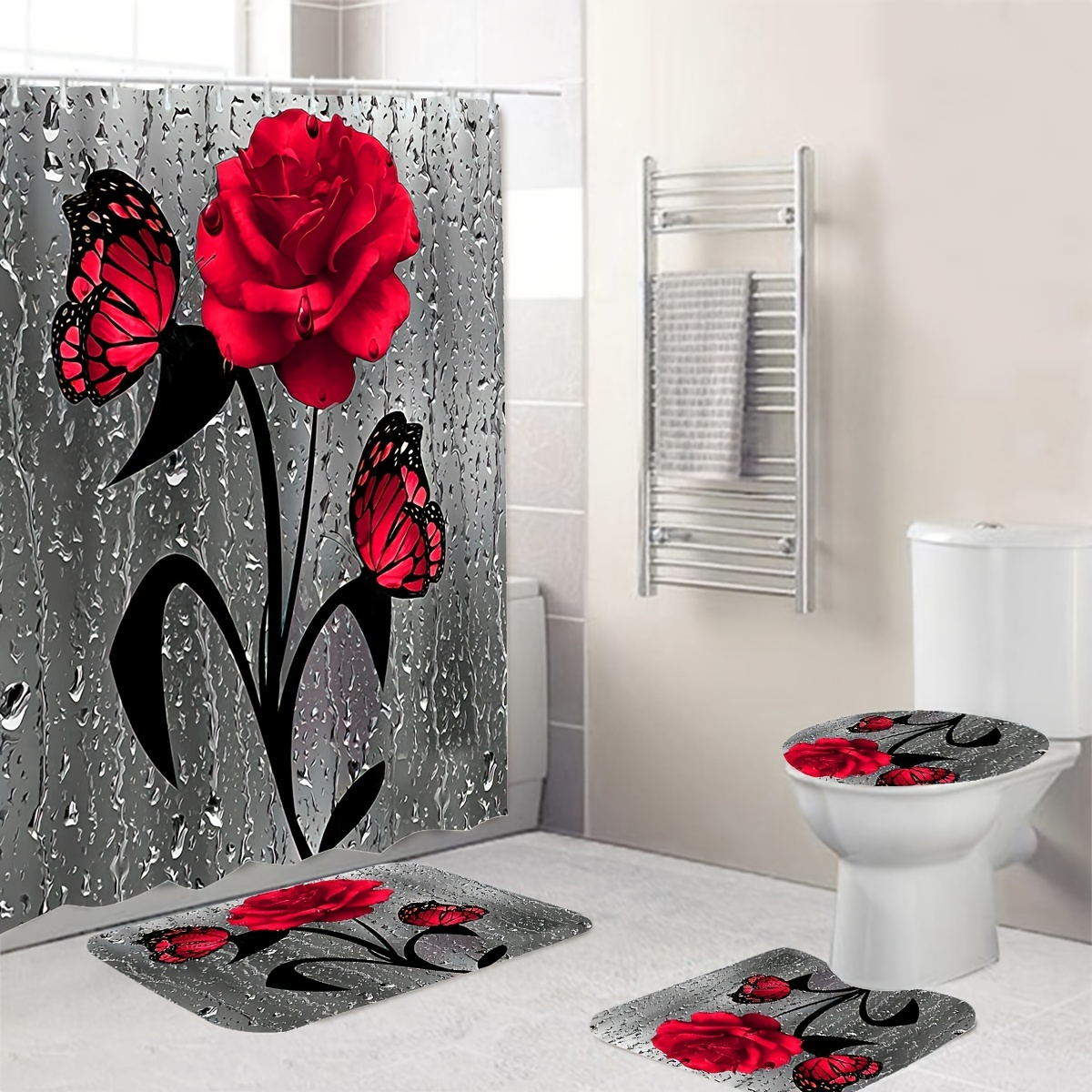 1pc/set Rose Waterproof Bathmat & Shower Curtain,  Flowers Pattern Bath Curtain With 12 Hooks, Anti Slip Bathmat, U Shaped Toilet Mat And Toilet Cover, Bathroom Accessories, Bathroom Decor, Valentine's Day Decor