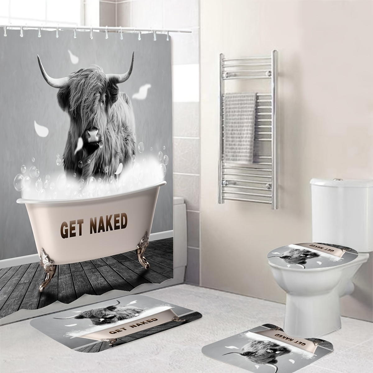 

1pc Highland Cow Bull Shower Curtain, Get Naked Grey Western Farmhouse Funny Cute Modern Fashion, 70.8 X 70.8inch Polyester Fabric Waterproof 12 Pack Plastic Hooks