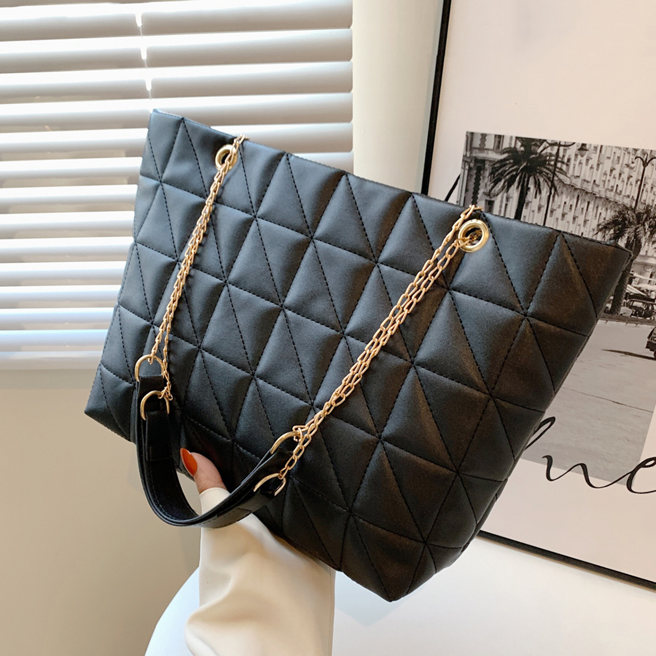 Trendy Oversized Quilted Faux Leather Flap Bag Vegan Leather Bag