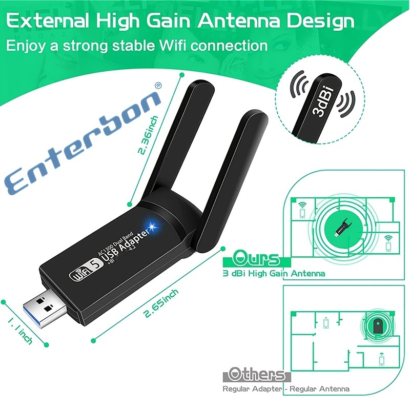 Adaptador WiFi USB inalámbrico de 1300Mbps, banda Dual, 2,4G, 5Ghz,  802.11ac, con antena BT4.2, para ordenador de escritorio y portátil