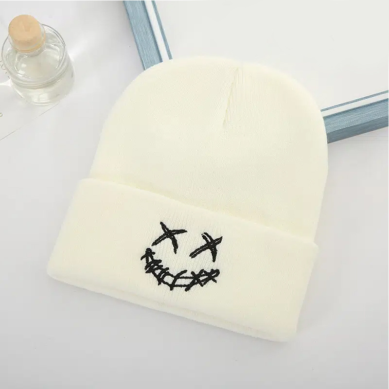 Smile Beanie for Women Embroidery Slouchy Knit Beanie Hat, Docker Hat Unisex Winter Hat Skull Soft Stocking Hats, Christmas Styling & Gift, New