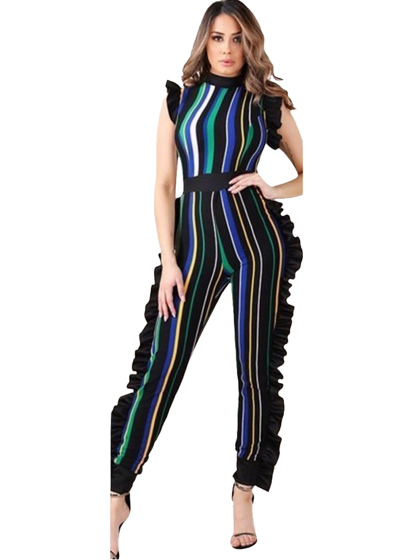 Sexy Tight Sleeveless Fungus Side Vertical Stripe Jumpsuit Slim