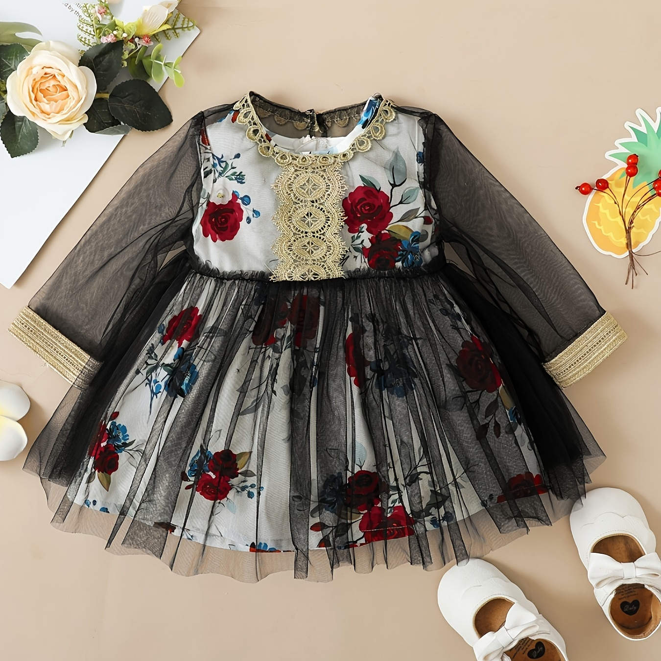 Girls Elegant Stitching Mesh Dress With Floral Print For Party