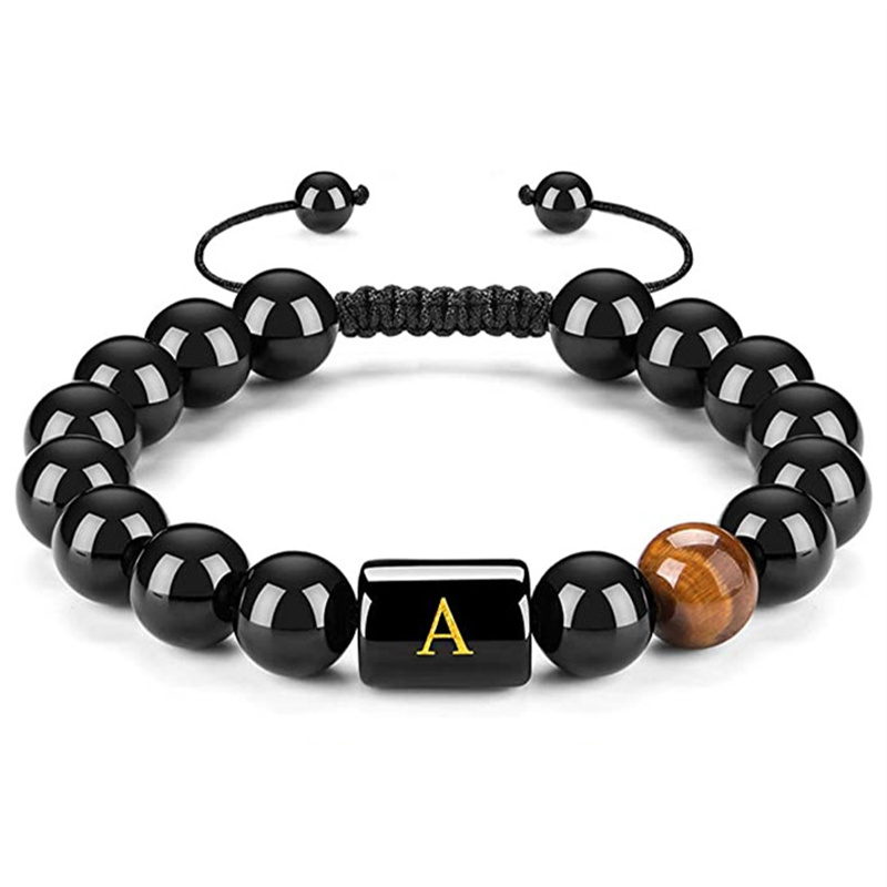 FLTSF.H Initial Bracelets for Men Charms Letter Mens Bracelet 10mm Natural  Black Matte Agate Tiger Eye Stone Beads Braided Rope Customize Bracelet