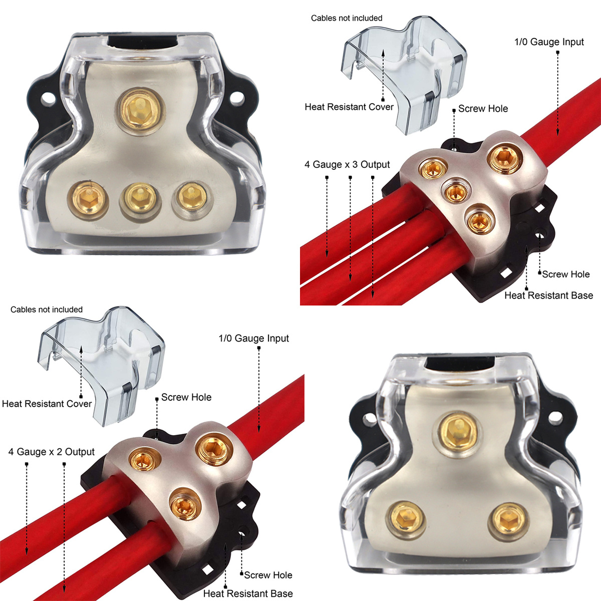 0/2/4 AWGゲージ電源分配ブロック、1/0ゲージイン-3 X 4ゲージアウトアンプ電源分配ブロック、カーオーディオスプリッター用