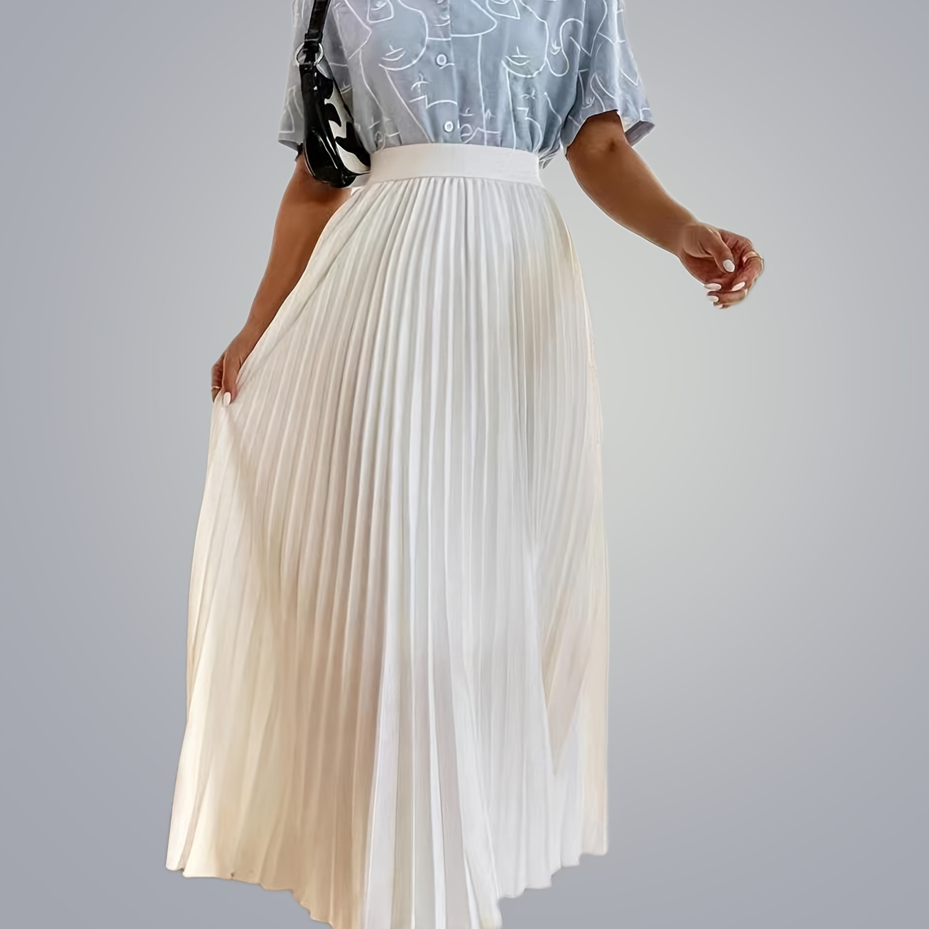 Solid High Waist Long Length Skirts Elegant Pleated Spring Summer