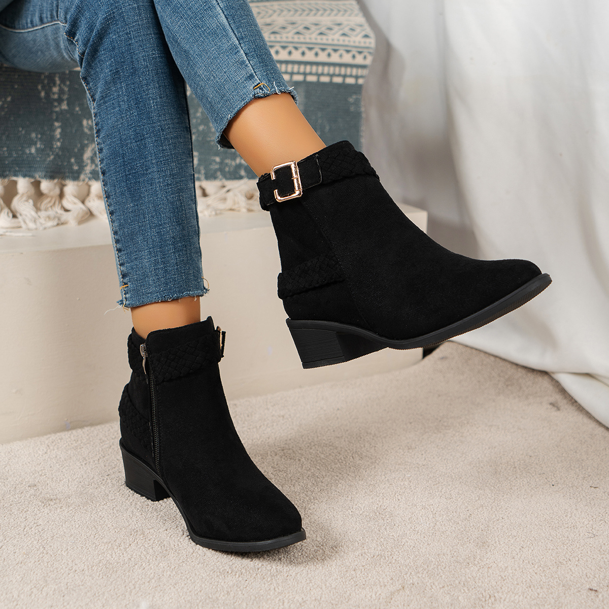 Women s Buckle Belt Block Heel Ankle Boots Comfortable Black Side Zipper Round Toe Short Boots Braided Detail Booties