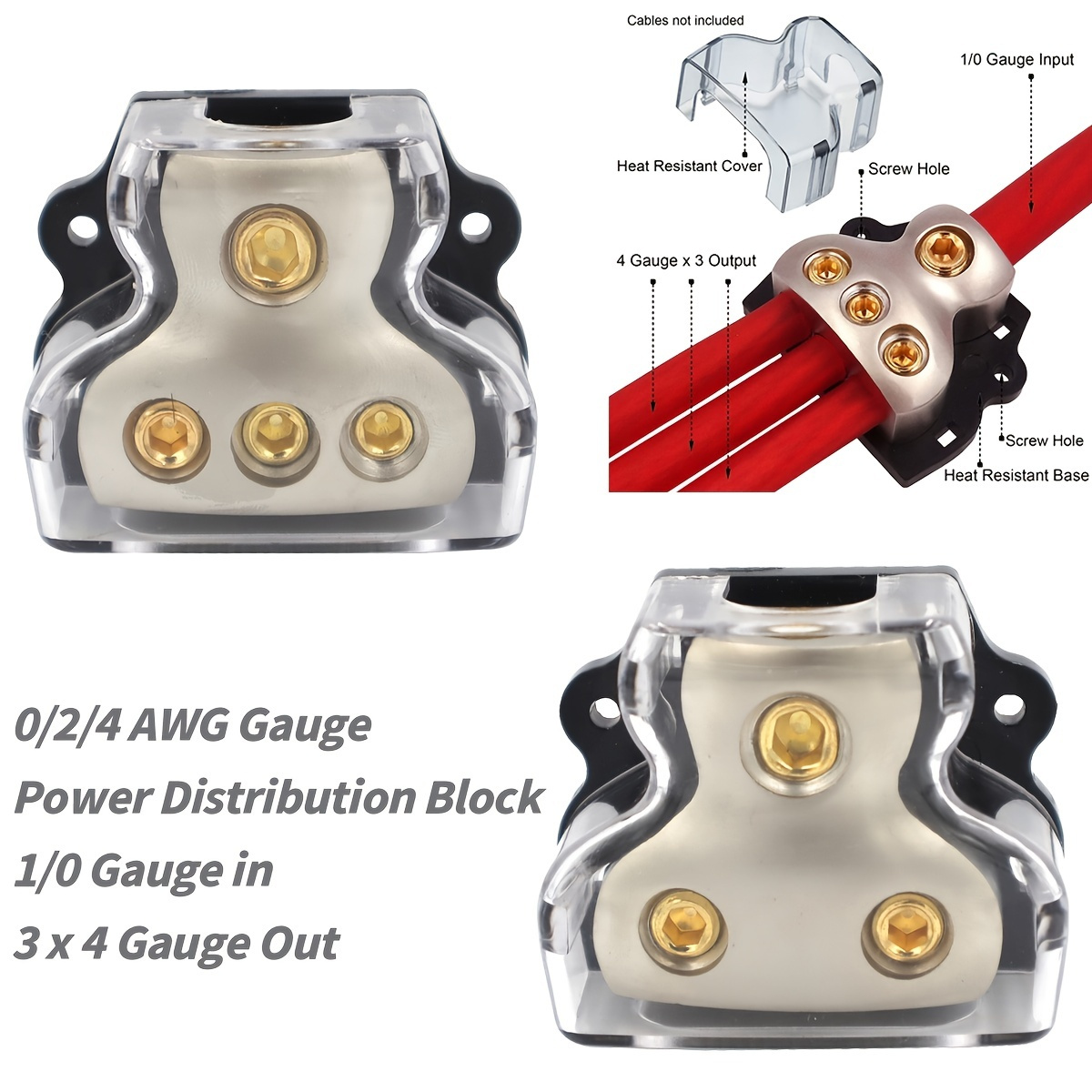 

0/2/4 Awg Gauge Power Distribution Block, 1/0 Gauge In -3 X 4 Gauge Out Amp Power Distribution Block For Car Audio Splitter