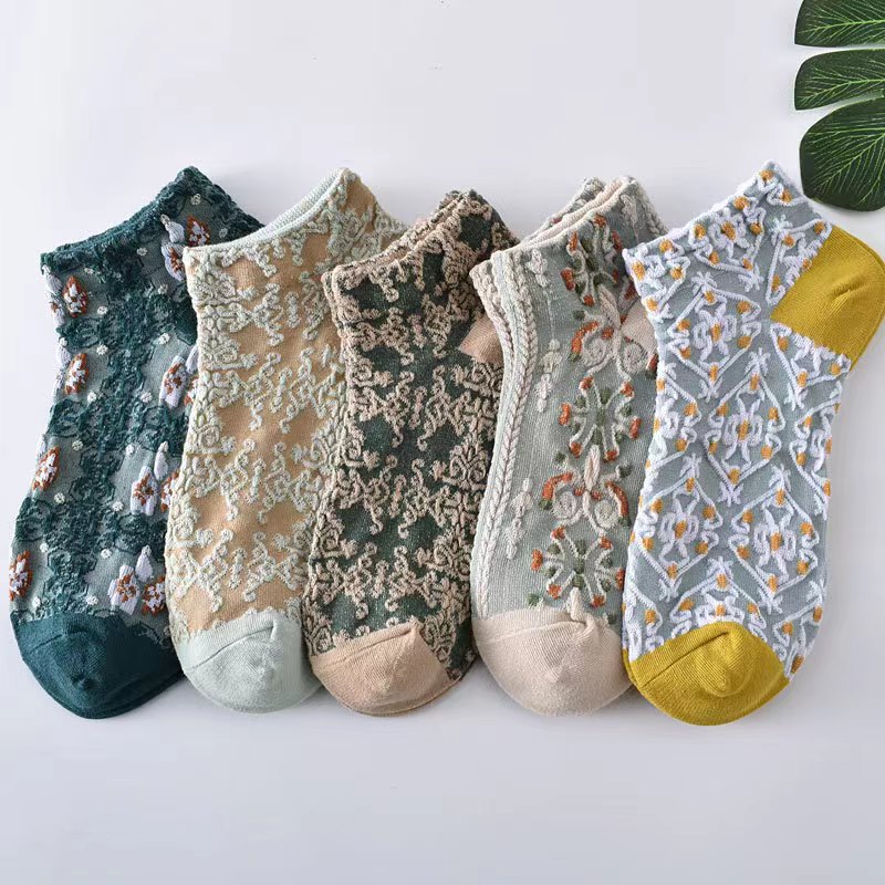 4 pares de calcetines cortos con textura floral vintage, calcetines  tobilleros de corte bajo estilo corte y étnico, medias y calcetería de mujer  - Temu