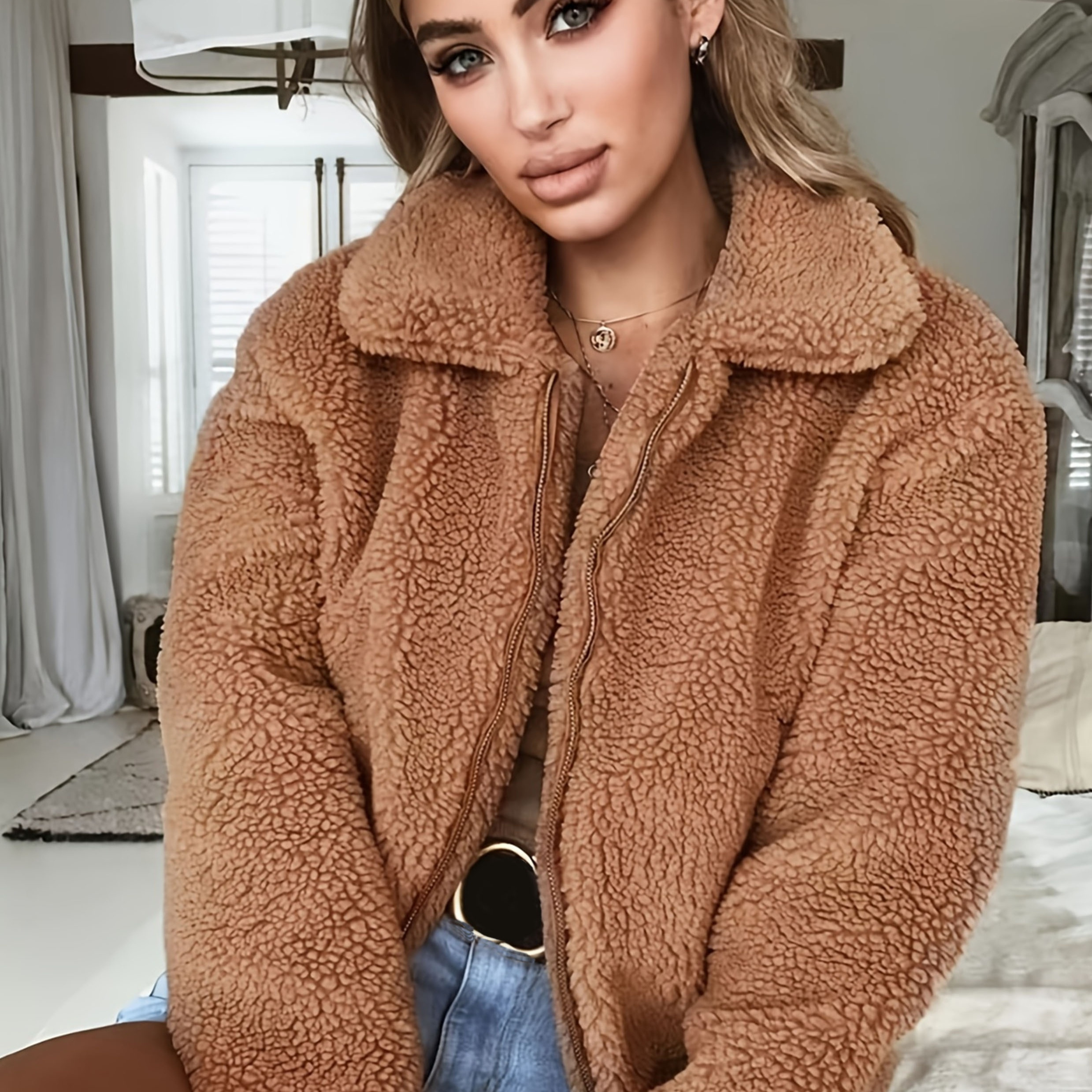 Solid Zip Up Hooded Outerwear, Women's Khaki Teddy Hoodie Fuzzy Open