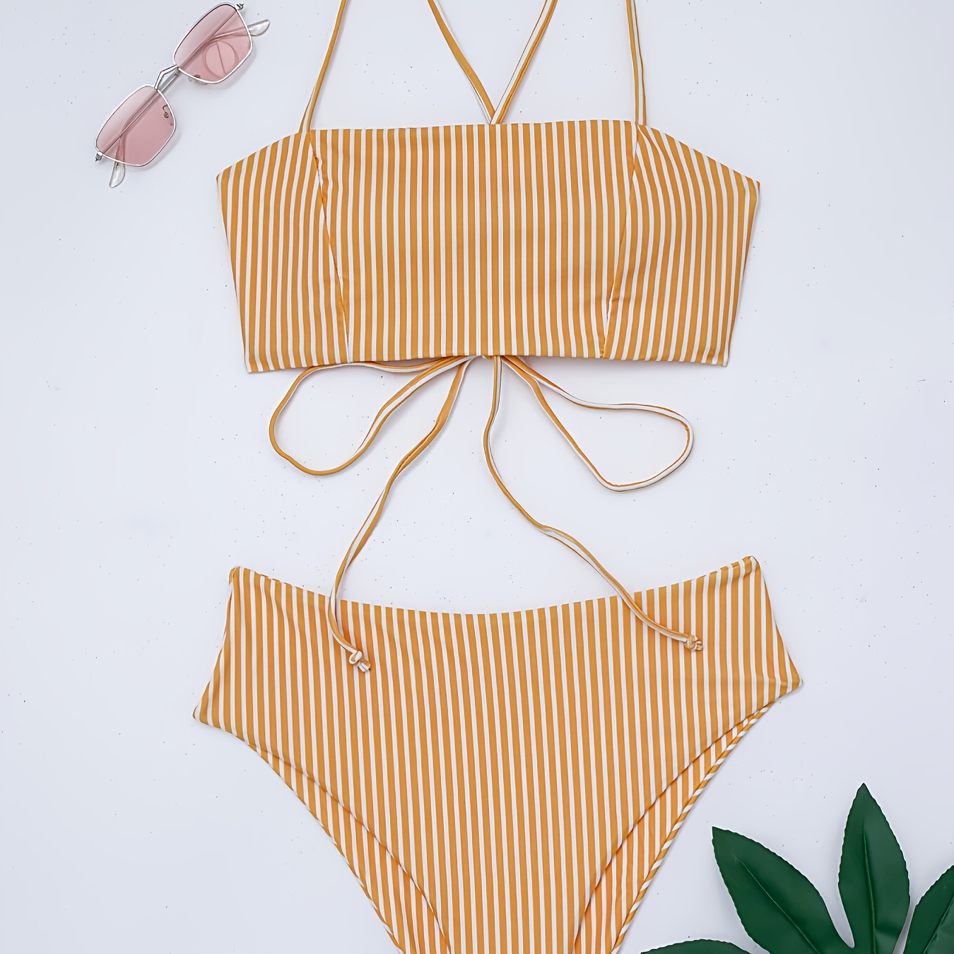 

Striped All Over Print Lace Up Tie Back High Waist High Cut Yellow & White Color 2 Piece Bikini Sets Swimsuit, Women's Swimwear
