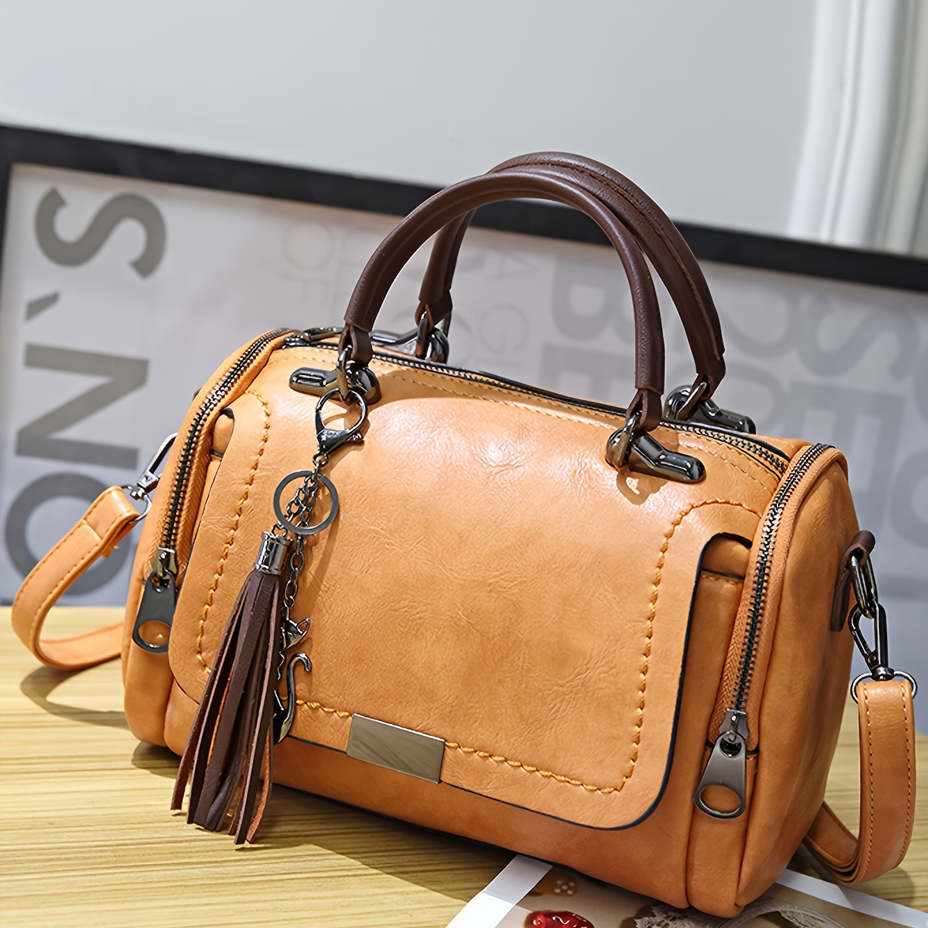 Tassel Decor Handbag Women's Large Capacity Shoulder Bag Fashion Zipper ...