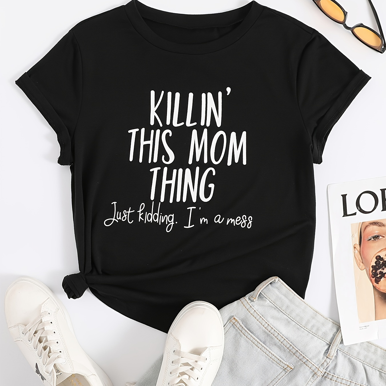 

Letter Print Crew Neck T-shirt, Casual Loose Short Sleeve Fashion Summer T-shirts Tops, Women's Clothing