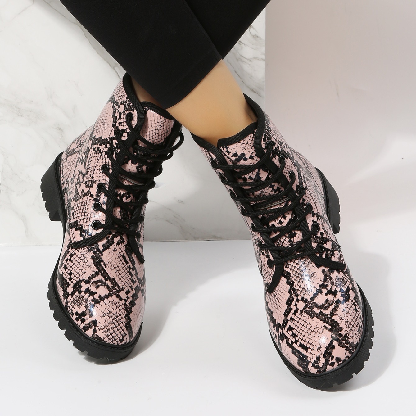 snake print lace up boots