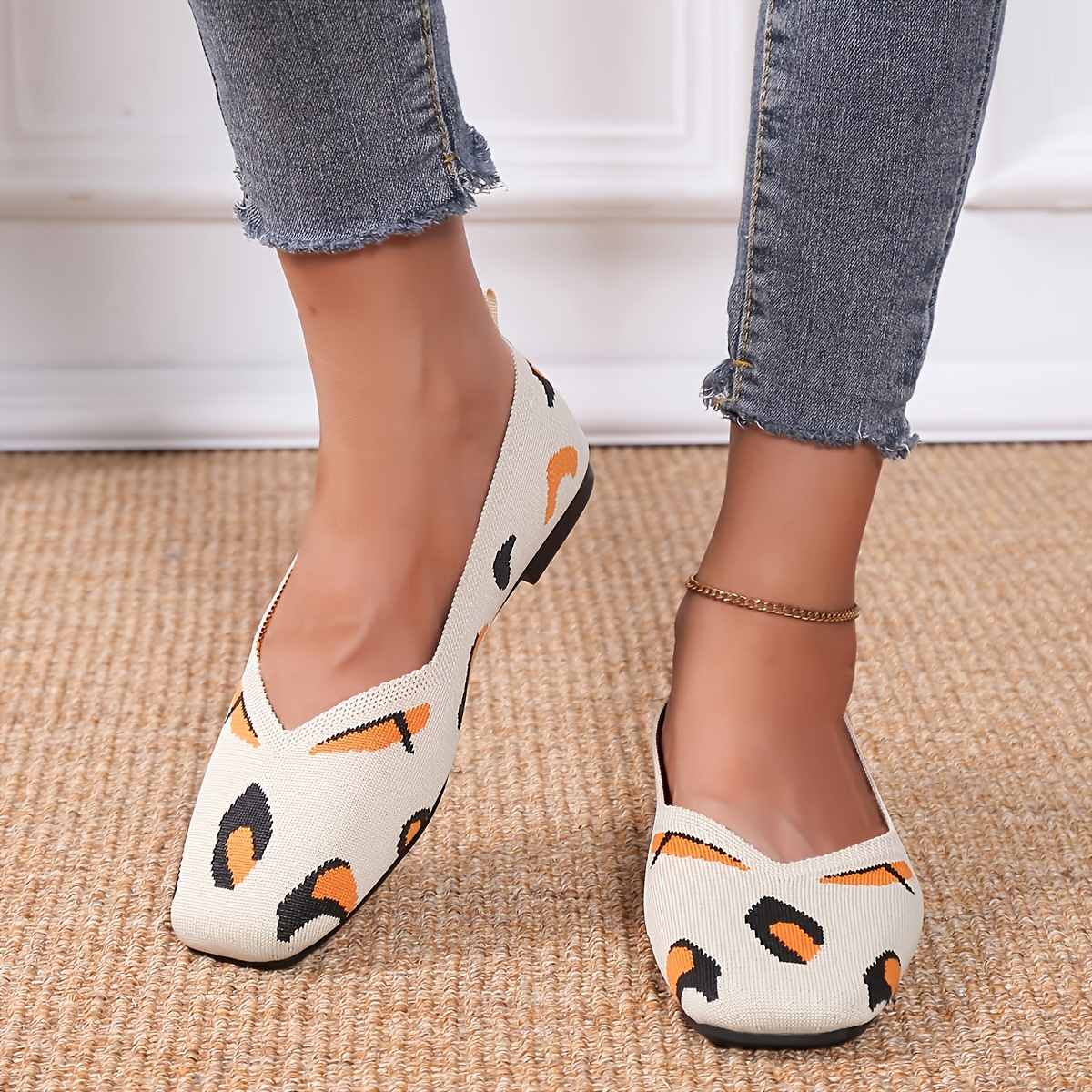 Women's Knit Flats Embroidered Slip On Breathable Plain Toe Strappy