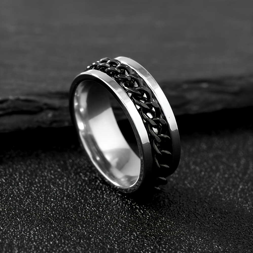1pc Personalized Ring Mens Fashion Black Chain Rotation Fidget Stainless Steel Ring