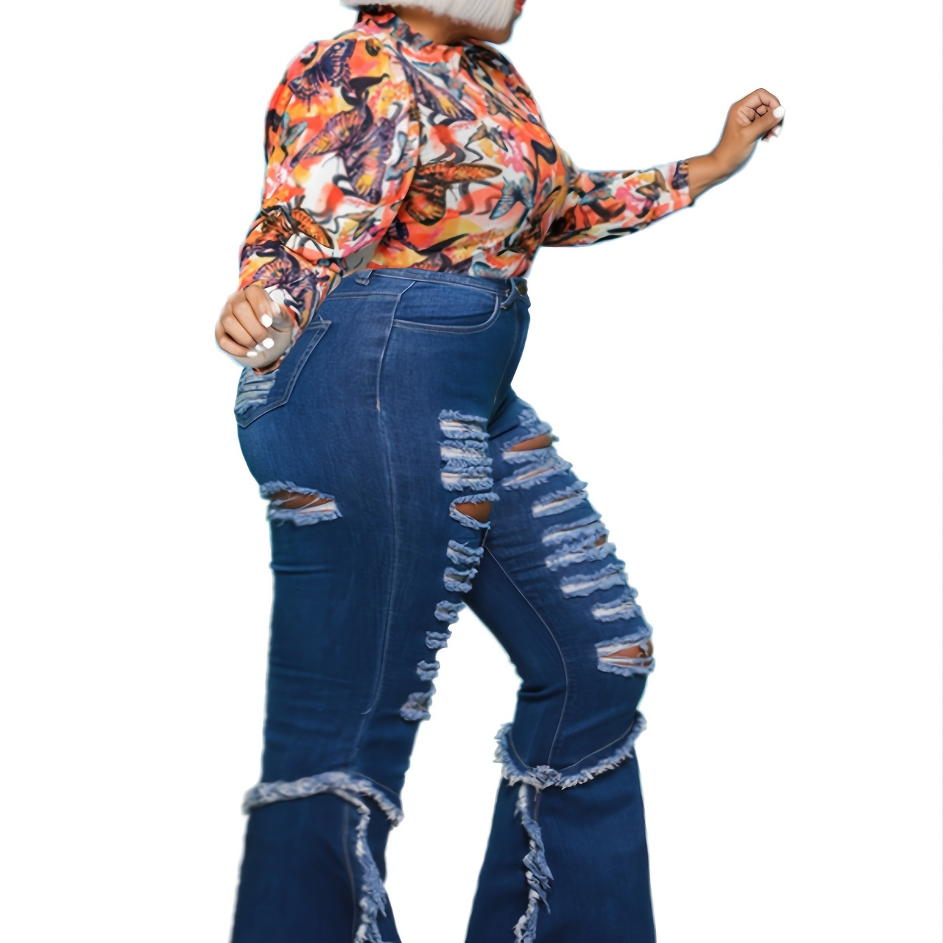 Plus Size Ripped High Rise Fringe Trim Flared Jeans Women s Plus Casual 