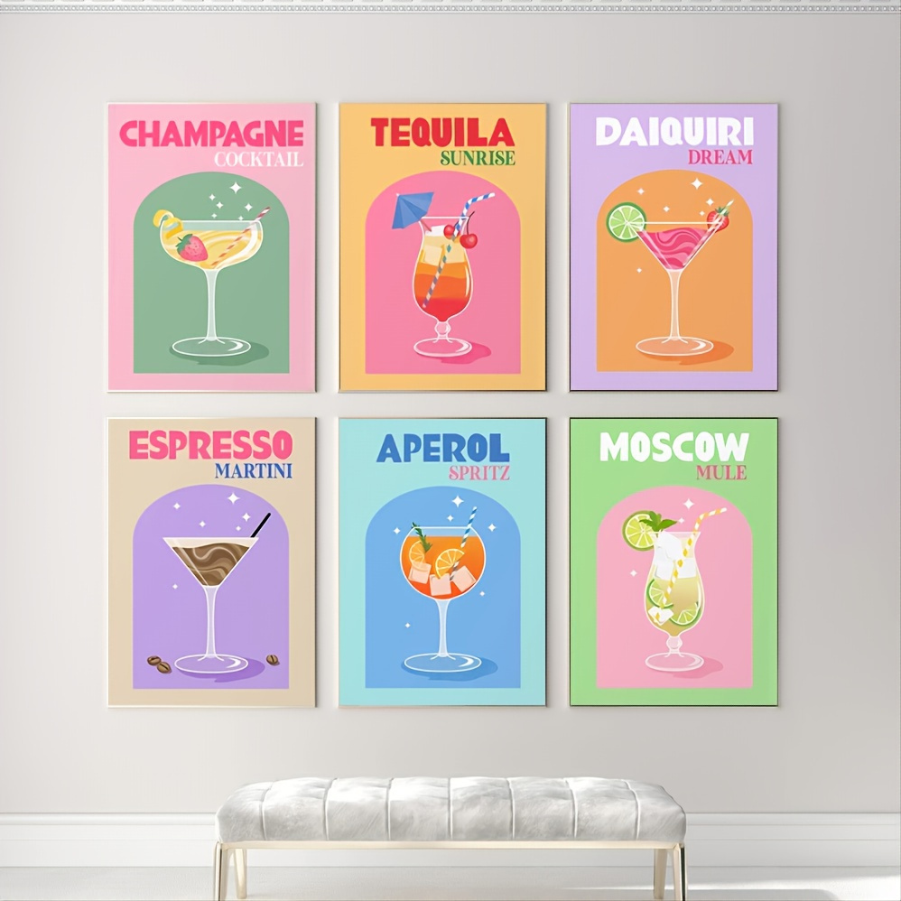 6pcs Frameless Colorful Cocktail Printed Paintings For Bar Cart Gallery