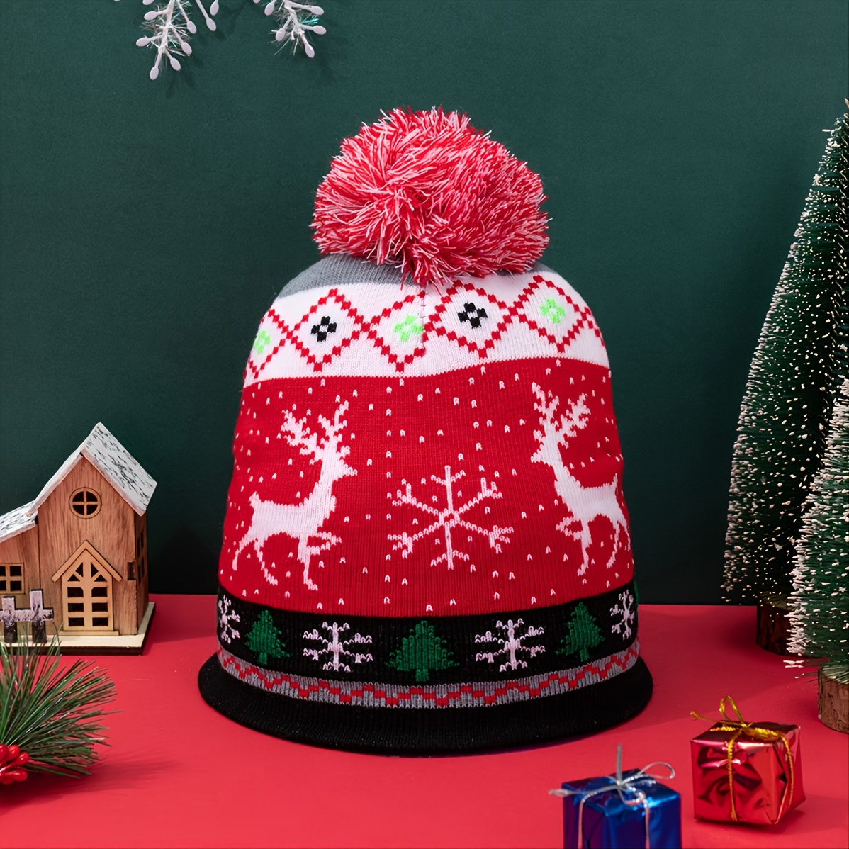 Women's Reindeer Snowflake Print Thermal Knit Hat Outdoor Winter Pom