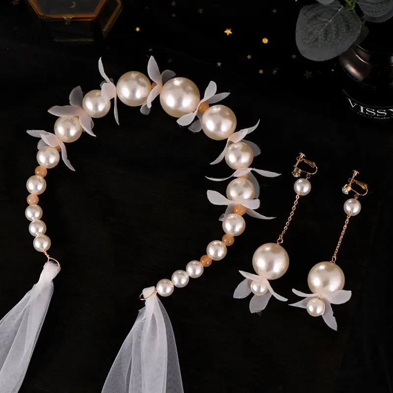 Bridal Headwear Pearl Flower Headband Veil Earrings Fashion - Temu