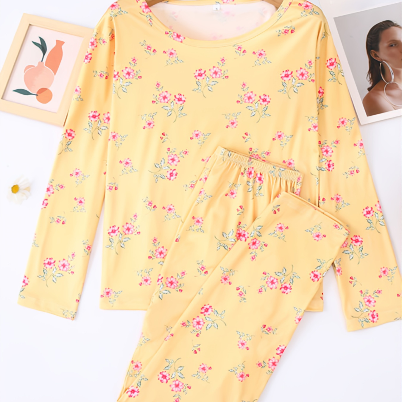 Cute Sweet Soft Pajama Set Ditsy Floral Print Long Sleeve Tops Pants ...