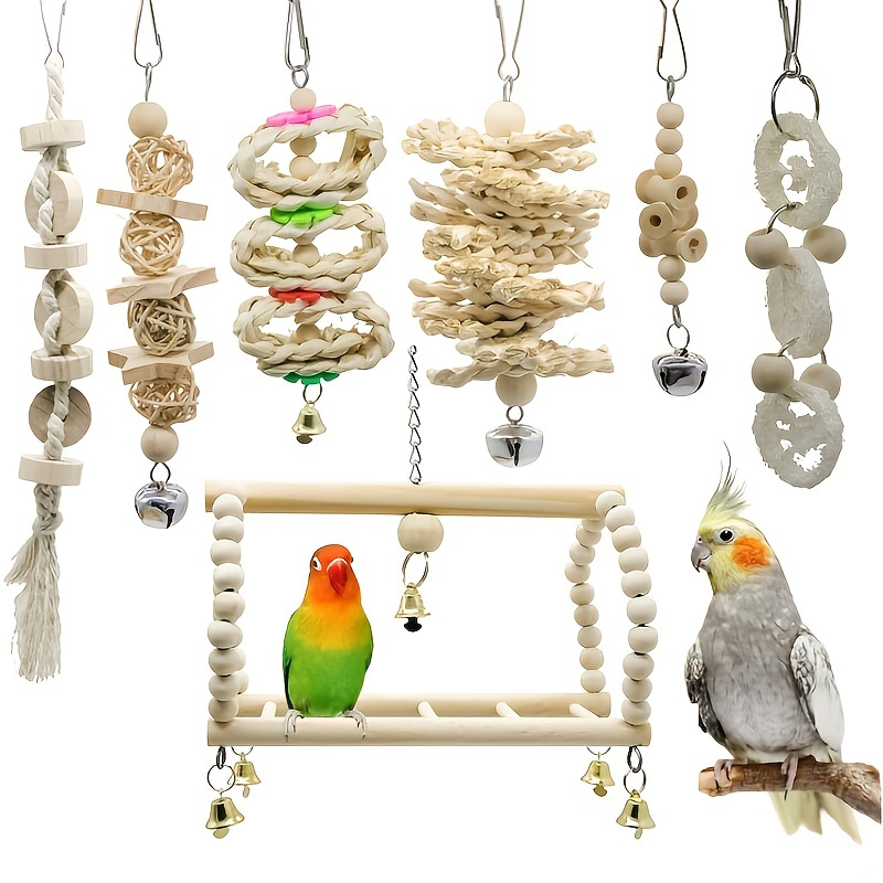 7pcs Parrot Swing Chewing Toy: Keep Your Bird Entertained With Hanging Bells!