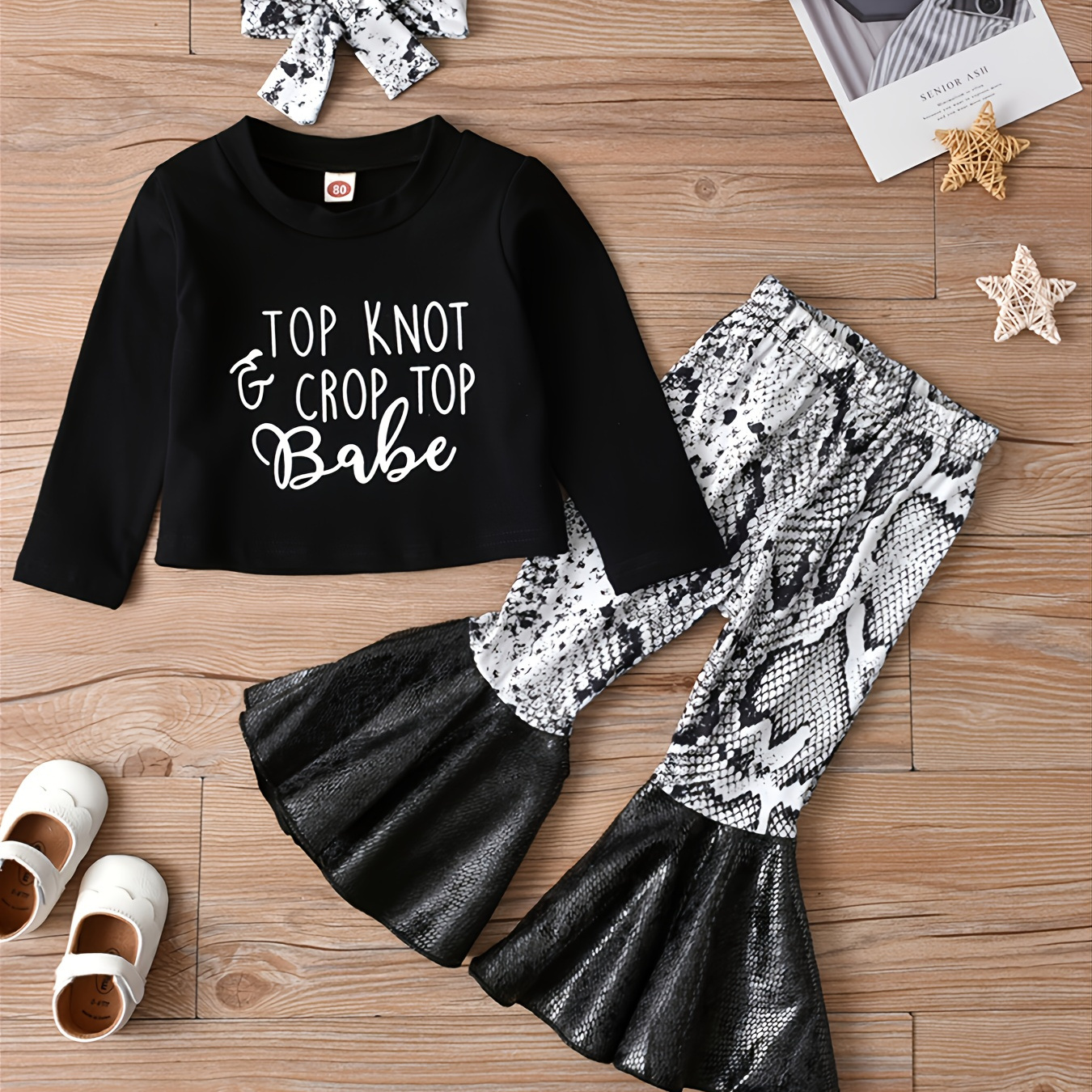 3pcs Girls "Top Knot & Crop Top Babe" Print Crew Neck Long Sleeve + Flared Pants + Bow Headband Set