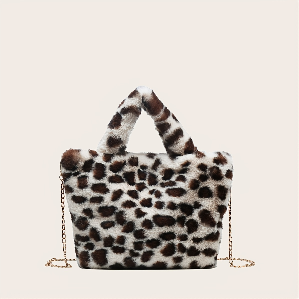 Women Faux Fur Leopard Print Tote Bag