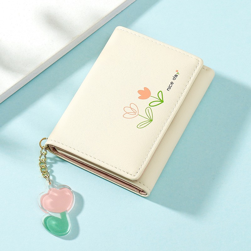 Cute Small Wallet For Girls Women PU Leather Two Folded Flowers Pocket With  Card Holder Slim Short Wallet 