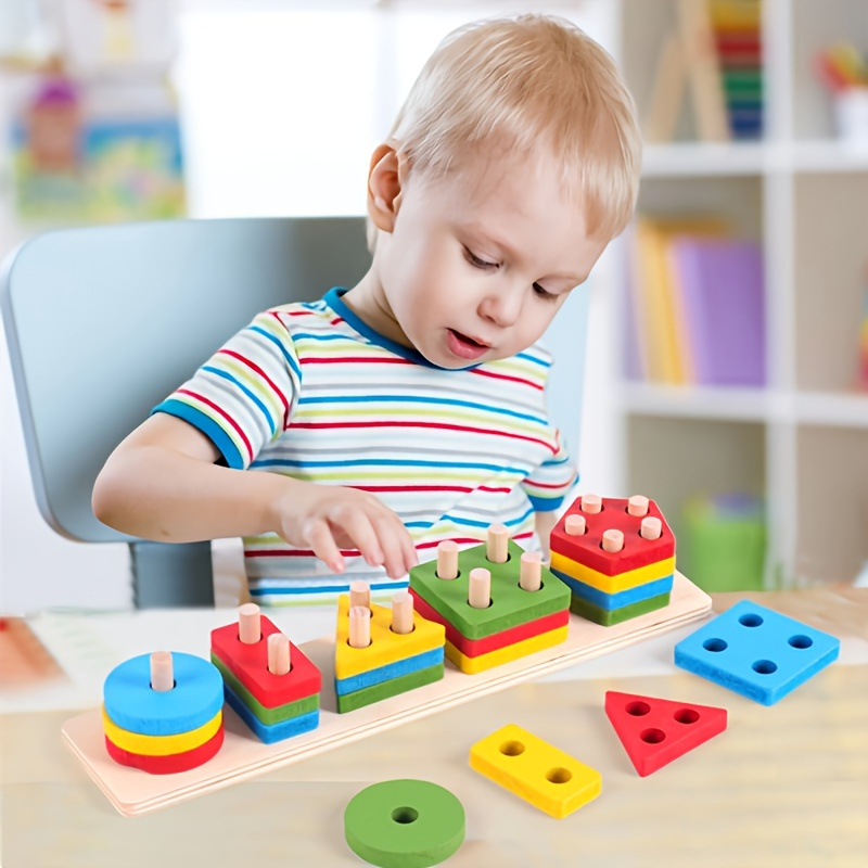 Wooden Sorting Stacking Montessori Toys Shape Color Recognition Blocks ...