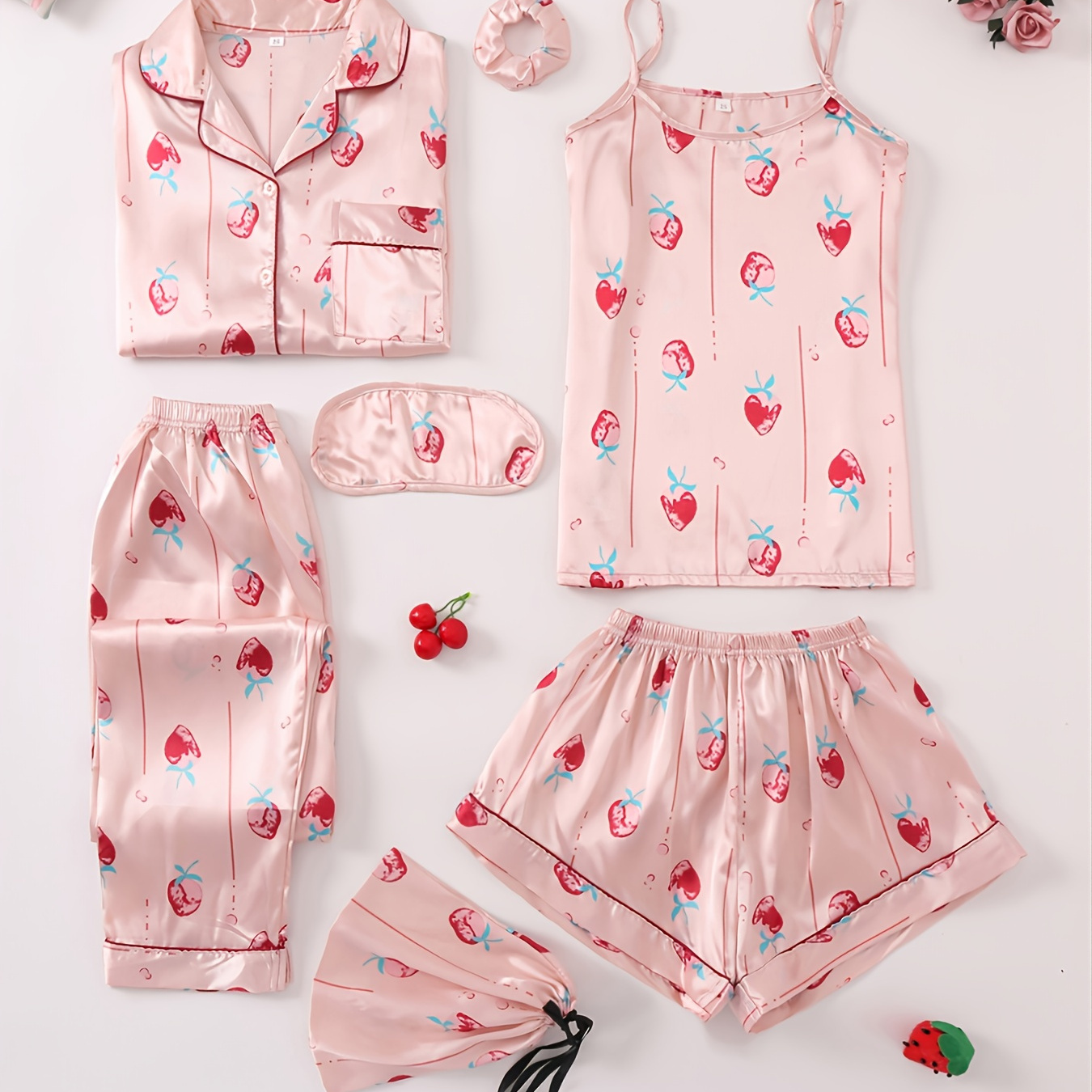 Strawberry Print Pajama Set, Lace Up Cami Top & Lettuce Trim Shorts ...