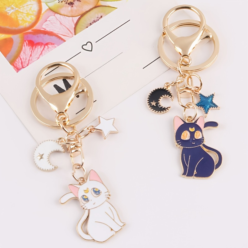 Funny Women's Mini Cartoon Cute Fluffy Cat Star Moon Floating Car Key Chain Split Ring Bag Pendant In Different Color For Women&Girl Gift