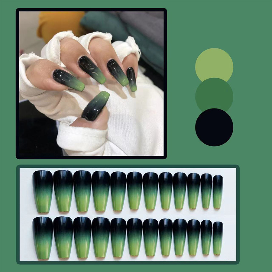 Black Green Ombre Nails, Glitter Coffin Press on Nails, 24pcs, Long Fake  Coffin Nails, Gradient Green False Nails, Prep Kit, Gift for Her -   Canada