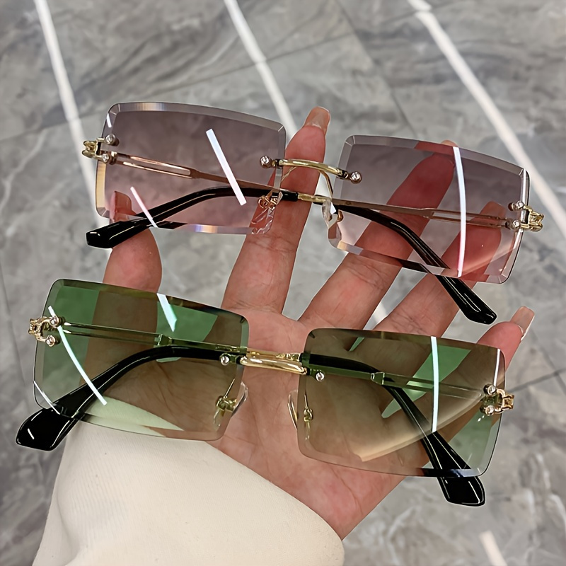 

Vintage 2022 Rimless Rectangle Gradient Lenses, Metal Hiking Glasses For Women, Fashionable Decorative Eyewear For Travel